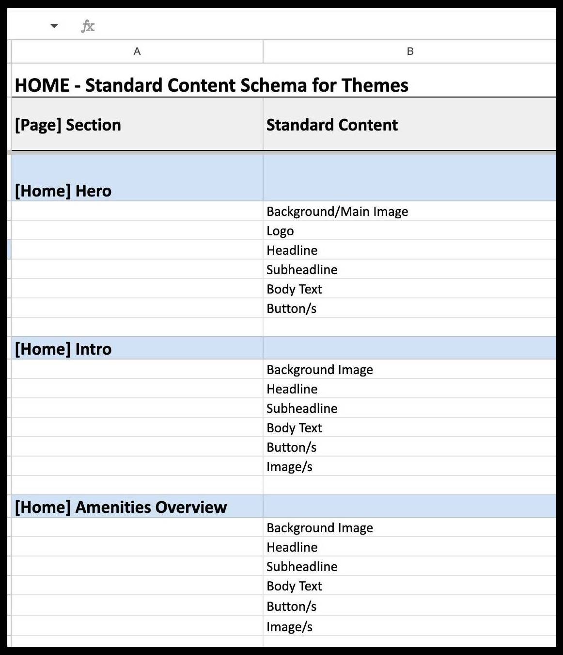 Scalable Website Content Framework with website Home page content structure shown on Excel sheet