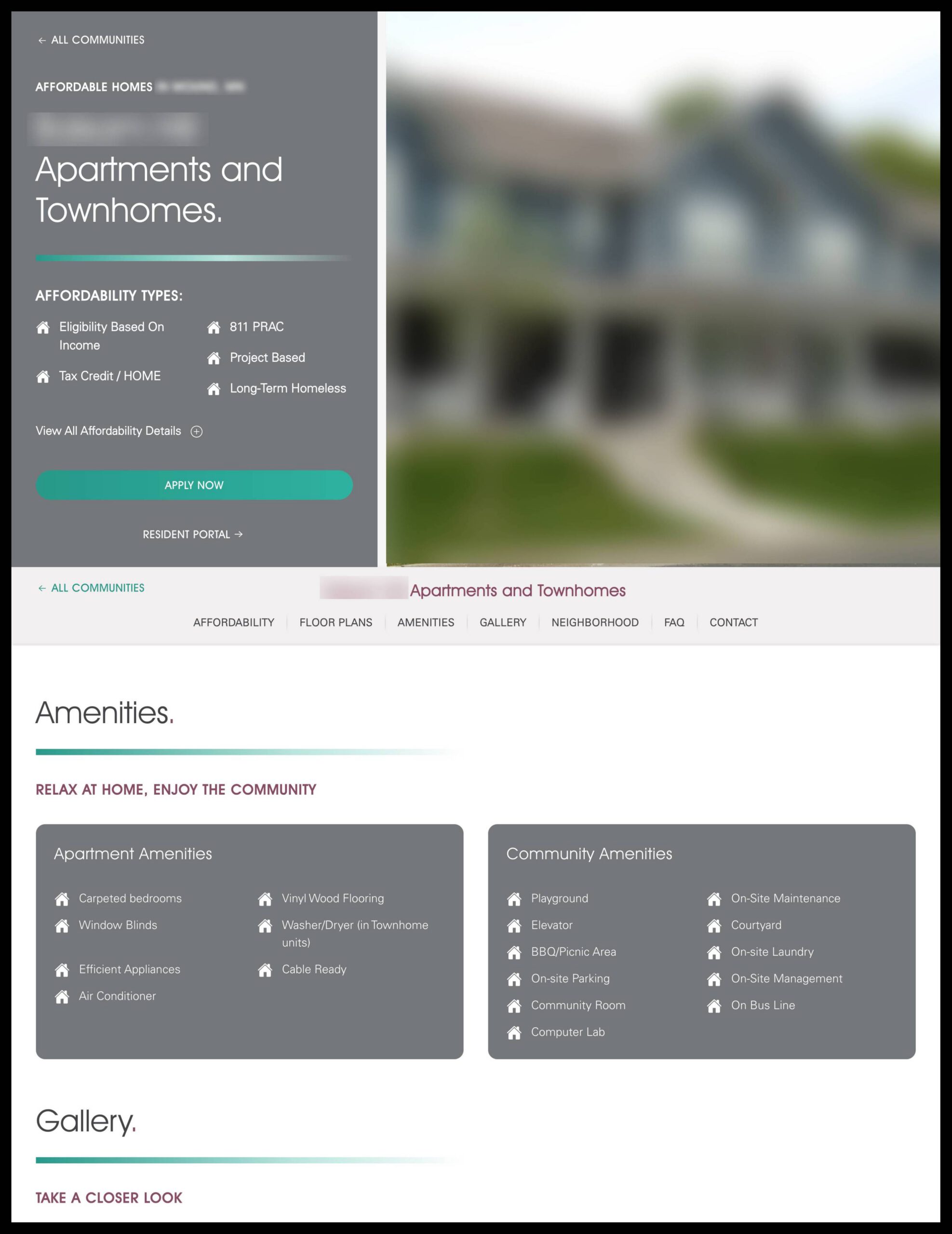 Structured Housing Portfolio Platform community details template overview, page subnav, and amenities sections
